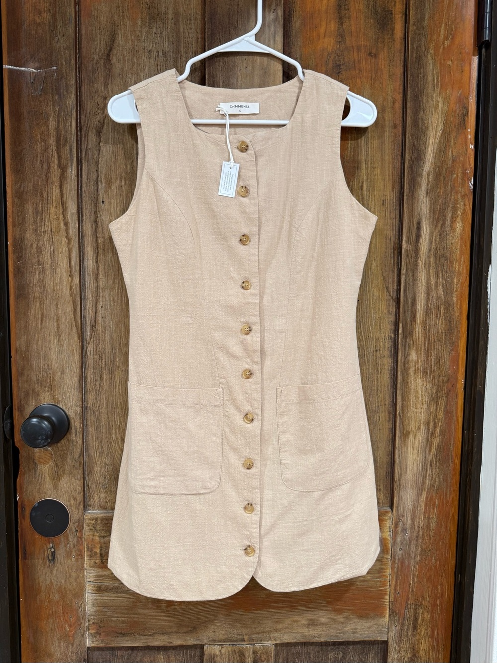 Commense Beige Button-Front Linen Top